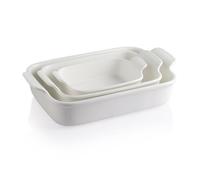SWEEJAR Plat à Four Rectangulaire Céramique Anti-adhésif - Lot de 3 Plat de Cuisson Avec Poignées - Blanc
