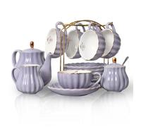 SWEEJAR Service à Thé en Céramique Avec Tasses et Soucoupes, 22 Pièces Service à Café en Porcelaine, Tasses à Thé et Café - Violet