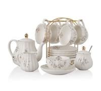 SWEEJAR Service à Thé en Céramique Avec Tasses et Soucoupes, 22 Pièces Service à Café en Porcelaine, Tasses à Thé et Café - Camélia