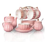 SWEEJAR Service à Thé en Céramique Avec Tasses et Soucoupes, 22 Pièces Service à Café en Porcelaine, Tasses à Thé et Café - Rose