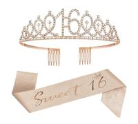 Sweet 16 Ensemble écharpe et diadème en strass pour filles, couronne rose en strass 16 et écharpe décorative en satin, cadeau de 16e anniversaire pour filles