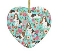 Sweet Basset Hound Floral Print New Ceramic Christmas Tree Hanging Heart Decoration Pendentifs