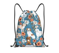 Sweet Basset Hound Floral Sac de sport léger avec cordon de serrage - Sac de sport pliable résistant à l'eau avec bandoulière réglable, idéal pour le sport, le yoga, les voyages et l'école, Noir , M