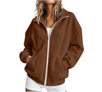 Sweet Capuche Femme Women Fall and Winter Solid Color Basic Versatile Lapel Zipper Sweatshirt with Pockets Pulls Femme (Coffee, M)