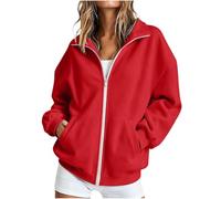 Sweet Capuche Femme Women Fall and Winter Solid Color Basic Versatile Lapel Zipper Sweatshirt with Pockets Pulls Femme (Red, XL)