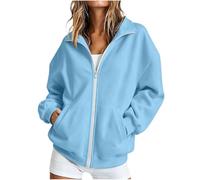 Sweet Capuche Femme Women Fall and Winter Solid Color Basic Versatile Lapel Zipper Sweatshirt with Pockets Pulls Femme (Light Blue, S)