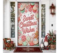 Sweet Christmas Wishes Candy Bakery Cupcakes Couvre-porte 91,4 x 183 cm | Tourbillons de menthe poivrée, panneau de porte d'entrée, bonhomme en pain d'épices, thème boulangerie de vacances