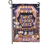 Sweet Creepy Mood Drapeau de jardin Halloween Café Fantôme 30,5 x 45,7 cm | Cotton Candy Cafe, drapeau de pelouse, fantômes mignons, jack-o-lanternes, typographie fantaisie, décoration de jardin