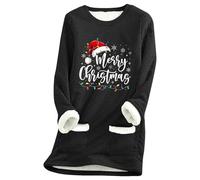 Sweet De Noel Femme,Pull Confortable pour Temps Froid - Sweat-Shirt à col Rond et Manches Longues doublé Polaire imprimé Coupe Ample et décontracté pour Femmes (Black, XL)