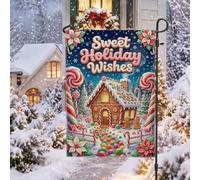 Sweet Gingerbread House Holiday Wishes Drapeau de jardin 30,5 x 45,7 cm | Motifs de canne à sucre, drapeau de cour, fleurs de poinsettia, scène d'hiver au pays des merveilles