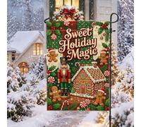 Sweet Holiday Magic Nutcracker and Gingerbread Drapeau de jardin 30,5 x | Maison en pain d'épices, drapeau de pelouse, biscuit de vacances, feuilles de houx, canne à sucre, décoration d'hiver