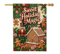 Sweet Holiday Magic Nutcracker and Gingerbread House Flag Drapeau 71 x | Maison en pain d'épices, drapeau de pelouse, biscuit de vacances, feuilles de houx, canne à sucre, décoration d'hiver
