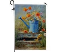 Sweet Home Drapeau de jardin, arrosoir bleu avec fleurs colorées, bannière florale printemps-été, drapeau de cour double face pour décoration de pelouse, 30,5 x 45,7 cm