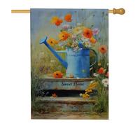 Sweet Home Drapeau de jardin, arrosoir bleu avec fleurs colorées, bannière florale printemps-été, drapeau de cour double face pour décoration de pelouse, 71 x 101,6 cm