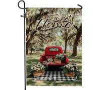 Sweet Home Drapeau de jardin, camion vintage rouge avec fleurs, bannière de pelouse double face en toile de jute, décoration de vacances saisonnière pour la maison et le jardin, 30,5 x 45,7 cm