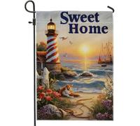 Sweet Home Drapeau de jardin côtier - Phare vibrant - Scène océanique - Décoration extérieure double face en toile de jute - 30,5 x 45,7 cm