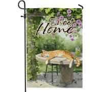 Sweet Home Drapeau de jardin, décoration chat tigré orange, bannière de pelouse d'été en plein air, drapeau de cour en tissu double face pour les amoureux des animaux, 30,5 x 45,7 cm