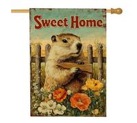 Sweet Home Drapeau de jardin, décoration florale colorée avec motif marmotte de bois, bannière de cour extérieure printemps-été, tissu double face, parfait pour la décoration de la maison et de la