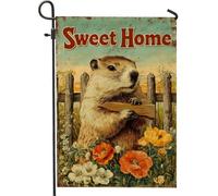Sweet Home Drapeau de jardin, décoration florale colorée avec motif marmotte de bois, bannière de cour extérieure printemps-été, tissu double face, parfait pour la décoration de la maison et de la