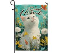 Sweet Home Drapeau de jardin en forme de chat blanc - Bannière florale double face pour le printemps et l'été - Décoration de pelouse en forme de papillon mignon - 30,5 x 45,7 cm