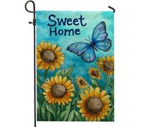 Sweet Home Drapeau de jardin en forme de papillon, tournesol floral bleu, bannière saisonnière pour printemps et été, design double face pour décoration de pelouse, 30,5 x 45,7 cm