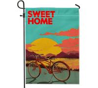 Sweet Home Drapeau de jardin en forme de vélo au coucher de soleil - Couleur turquoise - Décoration d'extérieur rétro - Bannière d'été pour la maison et la fête - 30,5 x 45,7 cm