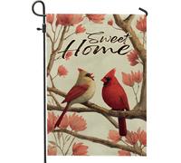 Sweet Home Drapeau de jardin, oiseaux cardinaux et fleurs de pêcher, décoration extérieure, bannière en toile de jute pour pelouse et jardin, décoration florale double face, 30,5 x 45,7 cm