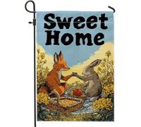 Sweet Home Drapeau de jardin renard et lapin, décoration d'animaux colorés pour décoration de pelouse extérieure, bannière double face en toile de jute pour la maison, 30,5 x 45,7 cm
