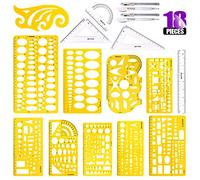 Sweet Kit de 18 modèles de dessins géométriques en plastique jaune, 10 différents dessins géométriques avec 2 crayons et 5 règles de mesure