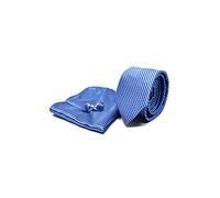 Sweet Leaf Coffret Ensemble Cravate Homme, Mouchoir de Poche, Boutons de Manchette à rayures Bleu - 100% en Soie - Classique, Elégant et Moderne - (Idéal pour un cadeau, un mariage...)