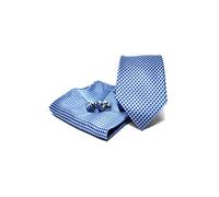 Sweet Leaf Coffret Ensemble Cravate Homme, Mouchoir de Poche, Boutons de Manchette à rayures Bleu Clair - 100% en Soie - Classique, Elégant et Moderne - (Idéal pour un cadeau)