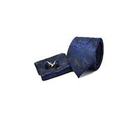 Sweet Leaf Coffret Ensemble Cravate Homme, Mouchoir de Poche, Boutons de Manchette Motif Cachemire/Paisley Bleu Marine - 100% en Soie - Classique, Elégant et Moderne -