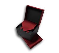 Sweet Leaf Coffret Ensemble Cravate Homme, Mouchoir de Poche, Boutons de Manchette Rouge Bordeaux - 100% en Soie - Classique, Elégant et Moderne - (Idéal pour un cadeau, un mariage, avec un costume)