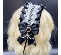 Sweet Lolita Lace Headband, Lolita Lace Hair Accessories, Ribbon Bow Pearl Ruffle Hairband Kawaii Hair Accessories (Noir)