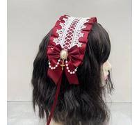 Sweet Lolita Lace Headband, Lolita Lace Hair Accessories, Ribbon Bow Pearl Ruffle Hairband Kawaii Hair Accessories (Rouge vin)