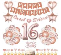 Sweet Lot de 41 décorations d'anniversaire pour fille avec guirlande « Happy Birthday » et ballons pour décoration de fête d'anniversaire 16 ans - Or rose