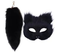 SWEETBIUTI Masque de chat et queue de Therian - Masque de renard à fourrure et porte-clés de 40,6 cm de long - Demi-masque de bal masqué pour cosplay, déguisement - Accessoire de fête - Noir