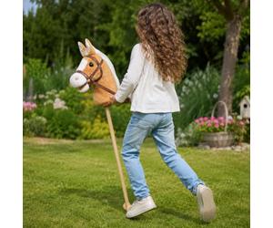 Sweety Toys 5109 Cheval bâton Goldy "My Donner" super mignon, Sweety-Toys - Couleur : beige doré - Très élégant - Avec crinière blanche avec fonction hennissement et bruit degalop, taille : env. 100 cm qualité supérieure avec poignée et roulettes en bois