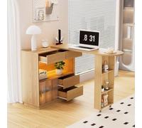 Sweiko Bar télescopique Table Moderne,Bureau en L avec étagères, Buffet avec Plateau pivotant avec Bandes Lumineuses LED, Table avec Deux tiroirs (Natural Wood)