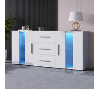 Sweiko Buffet - Commode avec 16 lumières LED de couleurs - Buffet vertical avec trois tiroirs - Armoire de rangement multifonction pour salon et salle à manger (blanc)