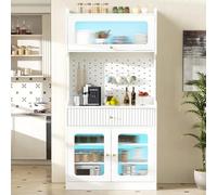 Sweiko Buffet Haute avec Tiroir, Éclairage LED et Panneaux Perforés | Étagères Réglables, Armoire à Porte Relevable, Armoire à Portes Vitrées, pour Cuisine et Salon, Montage Facile