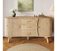 Sweiko Buffet Ovale, Meuble de Rangement avec Finition rainurée, équipé de Deux Portes coulissantes et de Trois tiroirs, étagères réglables en Hauteur, Pieds en Bois Massif, Aspect Bois (Natural)