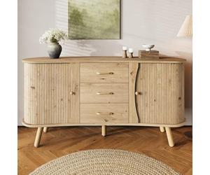Sweiko Buffet Ovale, Meuble de Rangement avec Finition rainurée, équipé de Deux Portes coulissantes et de Trois tiroirs, étagères réglables en Hauteur, Pieds en Bois Massif, Aspect Bois (Natural)