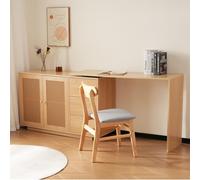 Sweiko Bureau d’Angle L avec Plateau pivotant 360° et 3 tiroirs, Meubles de Bureau avec étagères réglables et 2 Portes en rotin, Sideboard pour Bureau ou Coiffeuse (Natural Wood)