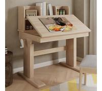 Sweiko Bureau Enfant Bois Massif Réglable Hauteur avec Étagère, Table Enfant Inclinable à Vérin à Gaz et Poignée Anti-Pincement, pour 6-10 Ans, Naturel