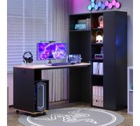 Sweiko Bureau Informatique d'angle avec Bibliothèque, Prise et USB, Noir | Armoire de Rangement, Pliable, Étagère Réglable, Anti-basculement, Meuble PC pour Chambres à Coucher, Appartements
