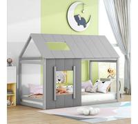 Sweiko Cadre de lit Enfant 90x200 cm, Lit Maison avec Toit et Fenêtre, Lit Adolescent à Lattes (Matelas non inclus) (Gris)