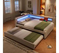 Sweiko Canape Lit140x200 cm, Lit de Jour avec Bout de Lit avec Bande Lumineuse LED Télécommandée, Lit Gigogne Multifonctionnel, USB + Type-C, Lin, sans Matelas (Beige+Linen)