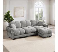 Sweiko Canapé Modulable 3 Places en Tissu Chenille avec 2 Coussins et Pouf | Repose-pieds Amovible, Mousse Haute Densité, Montage Facile, sans Outil, pour Salon, Système d’emboîtement, Gris