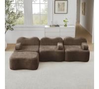 Sweiko Canapé modulaire avec accoudoirs Amovibles et 1 Pouf, Canapé d'angle en Velours avec Base antidérapante, Mousse 32D, Moderne Sofa Compact pour Salon, Appartement (Brown, 3 Seat-L)